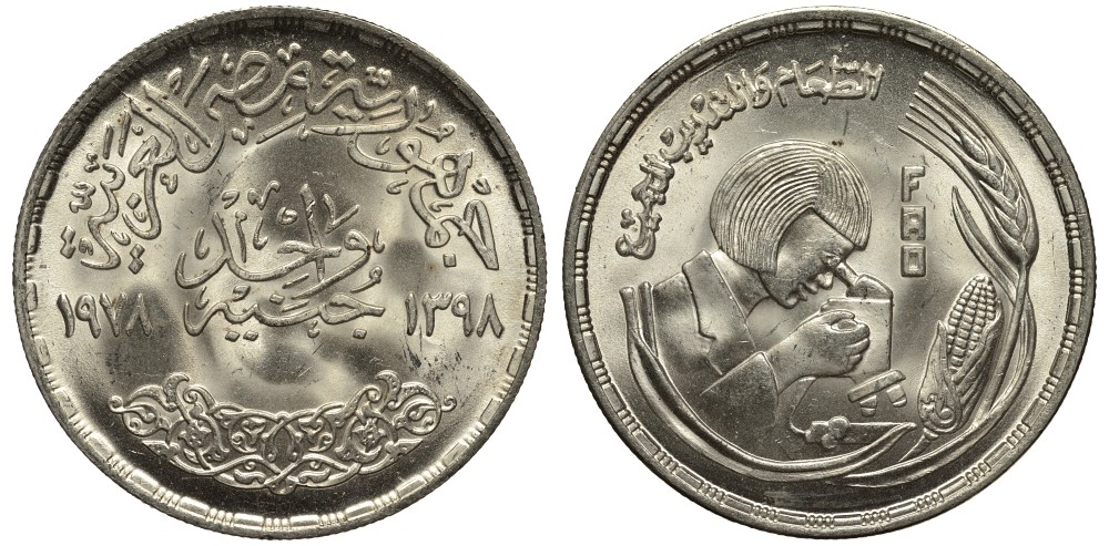 Египет 1 фунт 1978 АН1398, FAO, женщина смотрит в микроскоп, тираж 50000 экз. KM 482 серебро UNC 1519-745