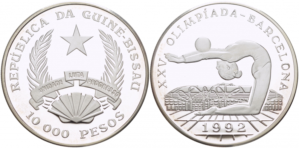 Гвинея-Бисау 10000 песо 1992 XXV Олимпийские игры 1992 года в Барселоне, гимнастка, гимнастка с мячем KM 30 серебро PROOF 1068-2-11