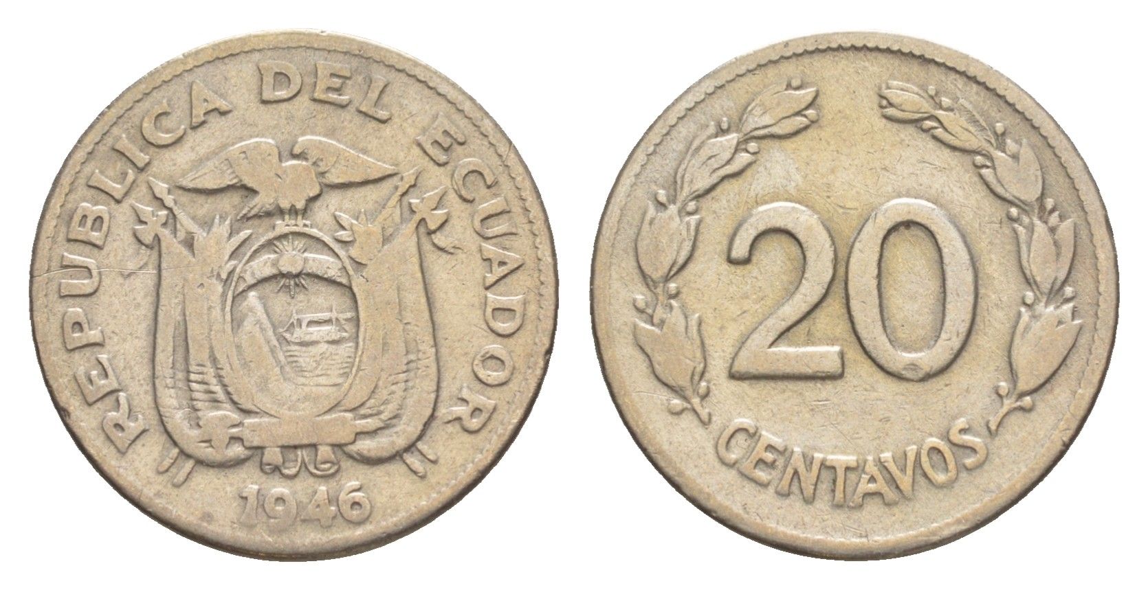 Эквадор 20 сентаво 1946 KM 77.1b медно-никель 4640-1225