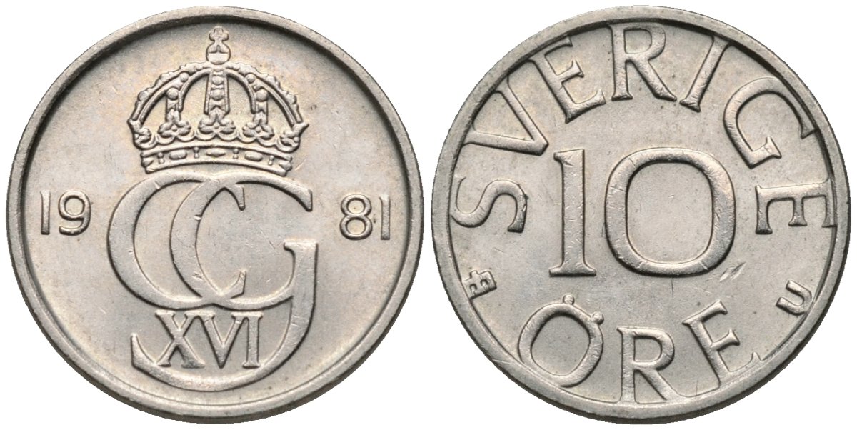 Швеция 10 эре 1981 U Карл XVI Густав (1973- ) KM 850 медно-никель 4115-1254