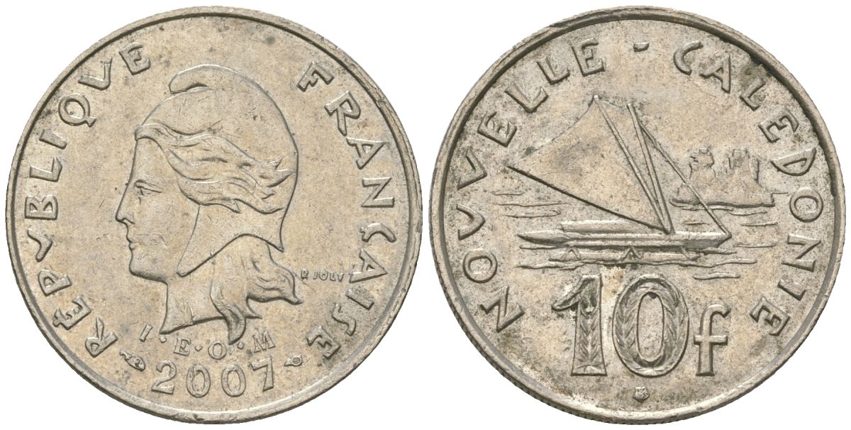 Французская Новая Каледония 10 франков 2007 рыбачья парусная лодка, (IEOM) KM 11a, Schoen 13a, Lec 99k медно-никель 56-437