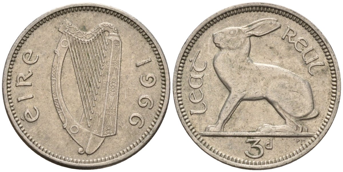 Ирландия 3 пенса 1966 заяц KM 12a медно-никель 4596-1112