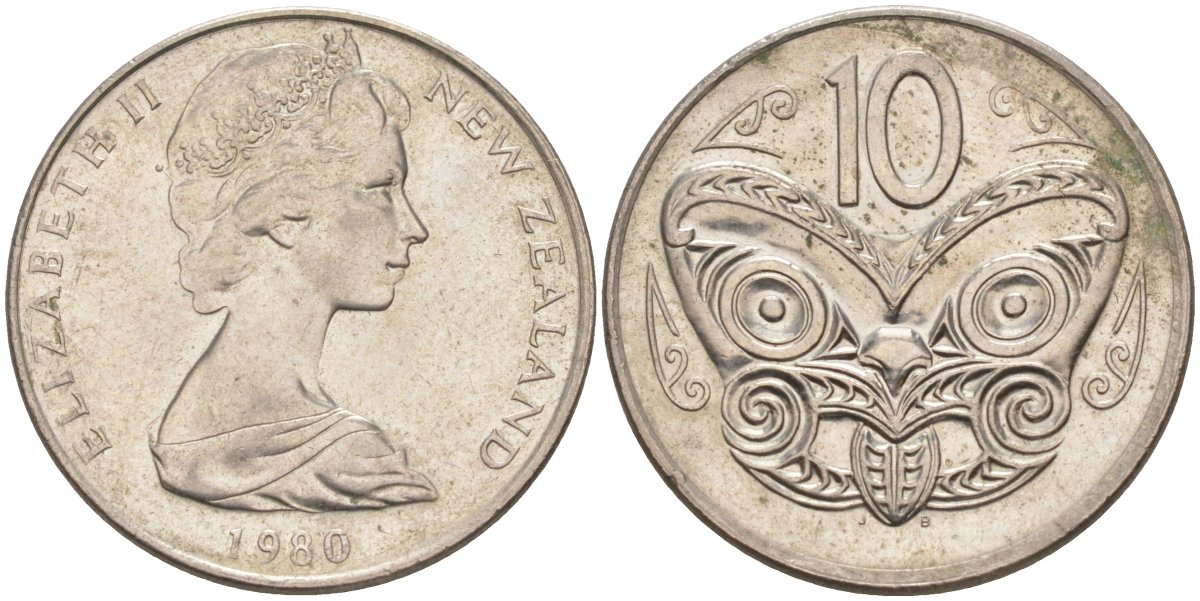 Новая Зеландия 10 центов 1980 Елизавета II (1952-2022), маска маори KM 41.1 медно-никель 94-451