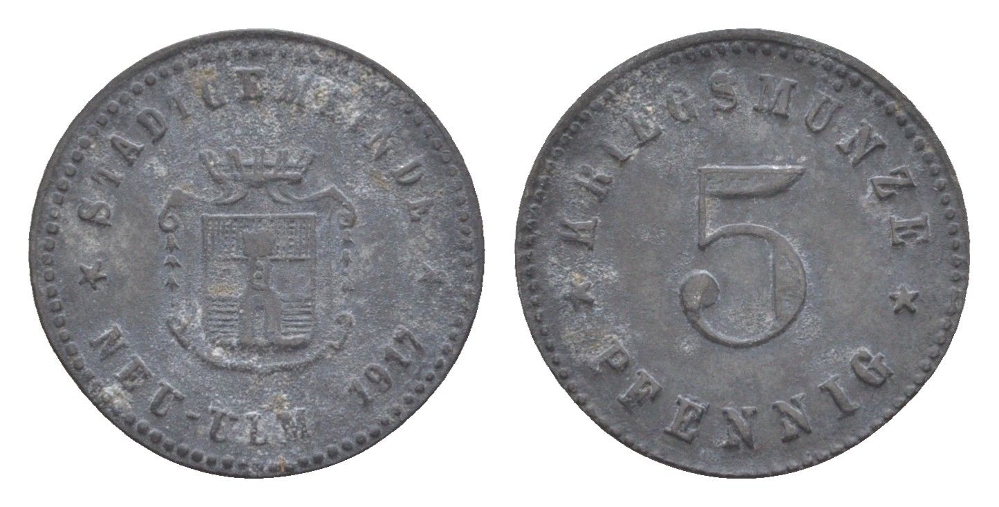 Ной-Ульм 5 пфеннигов 1917 Funck 378.1, Men18 23462.1 цинк 3955-464
