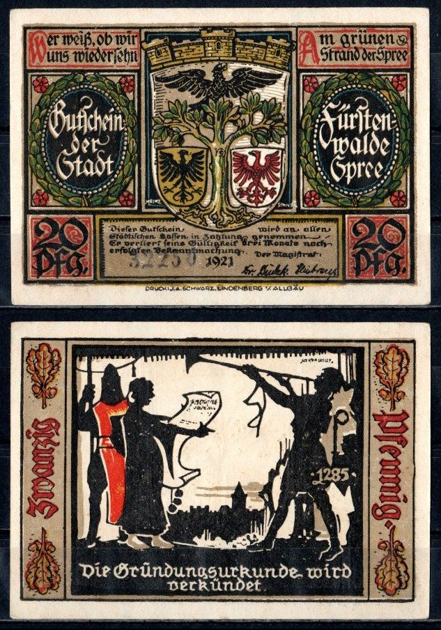 Фюрстенвальде (Пруссия, Бранденбург) 20 пфеннигов 1921 Mehl Grabowski 403.1a-3/15 бумага UNC (пресс) 7555-38-3-1