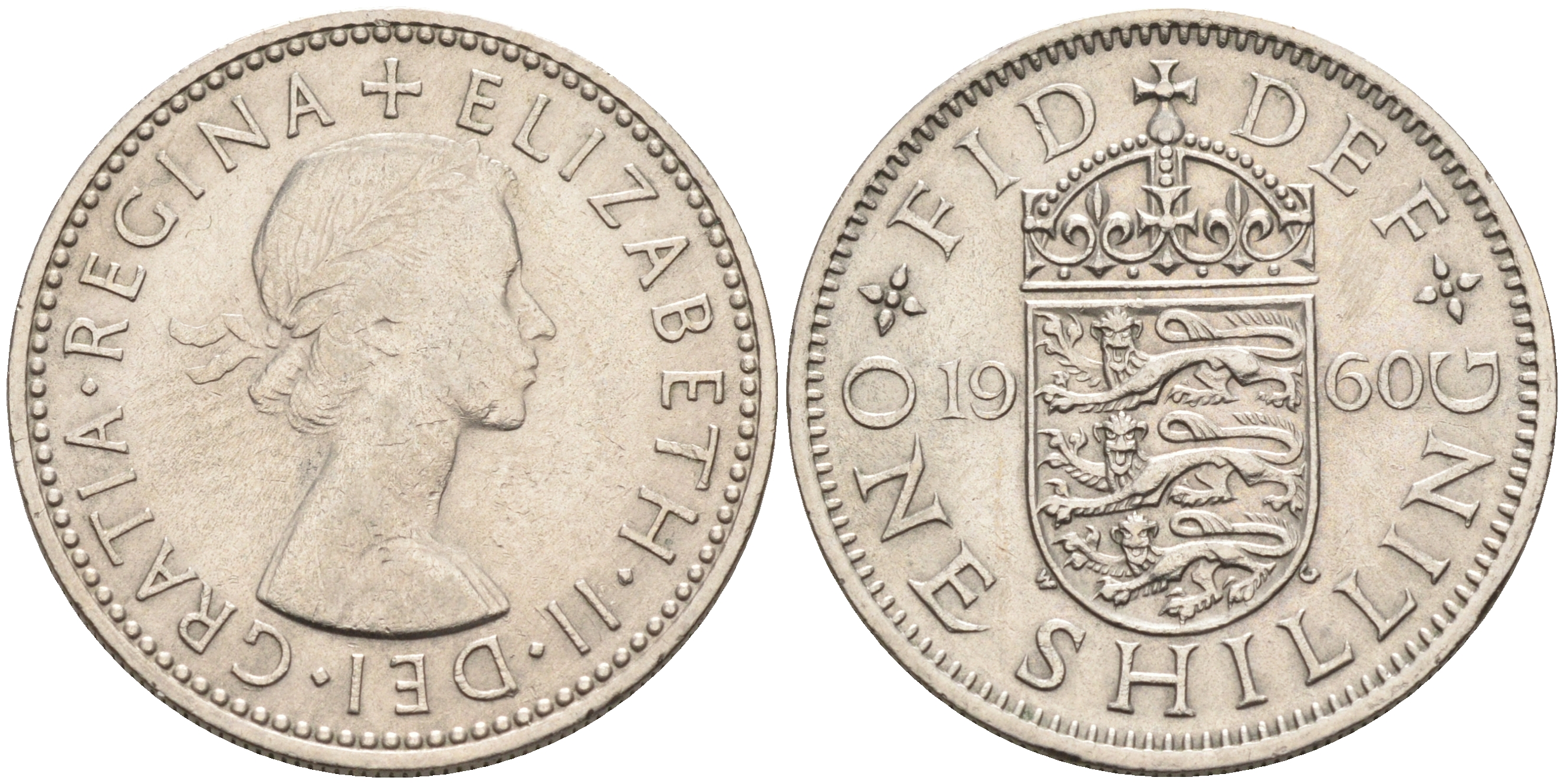 Великобритания 1 шиллинг 1960 Елизавета II (1952-2022), Английский герб KM 904, Spink 4147 медно-никель 4592-312