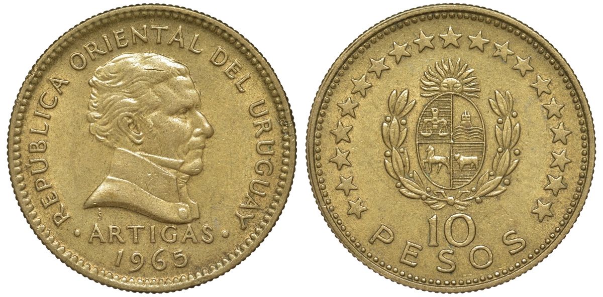 Уругвай 10 песо 1965 KM 48 алюминиевая бронза 4574-635