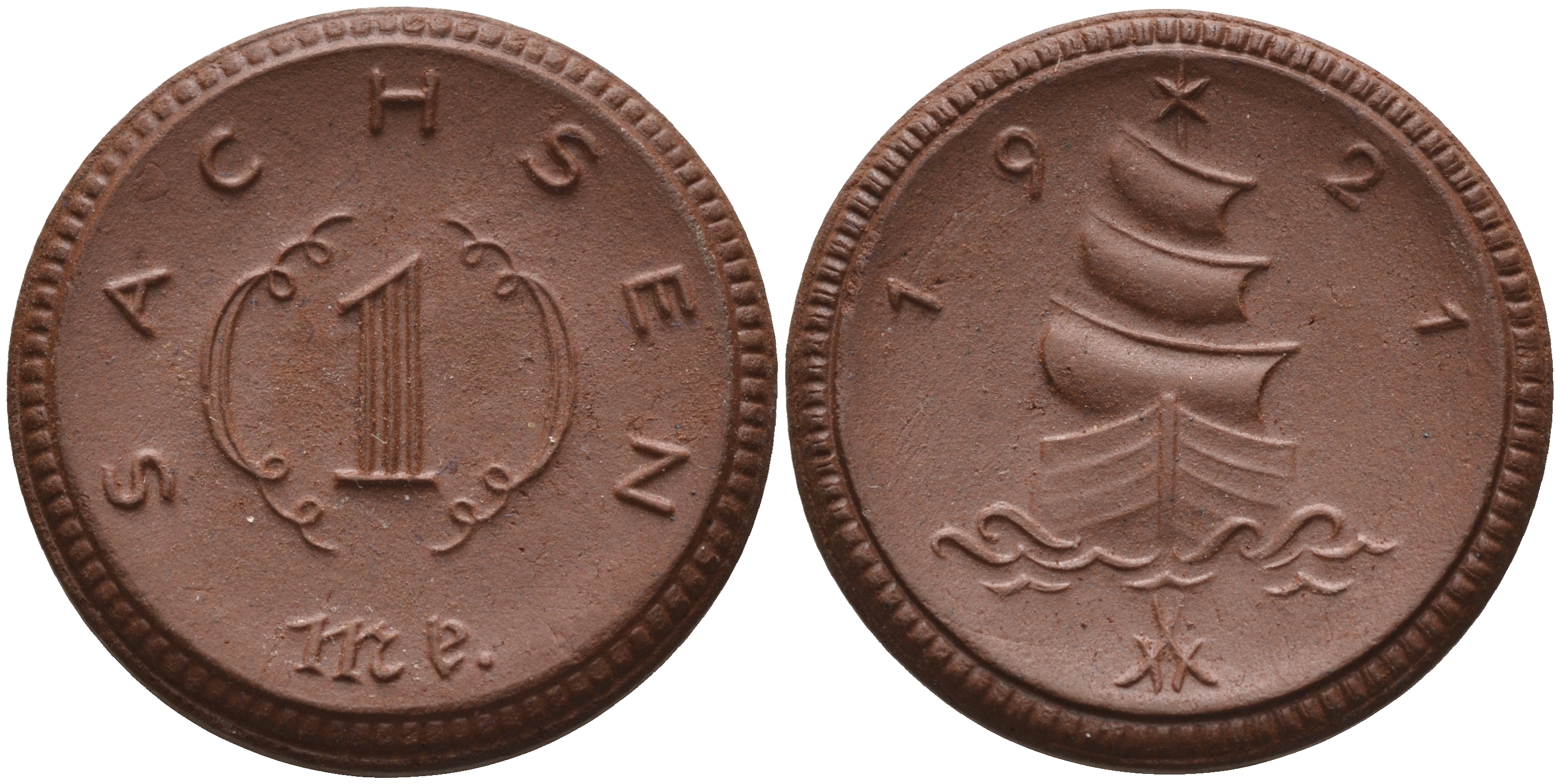 Саксония 1 марка 1921 парусник J. N 55 фарфор 1094-3-73