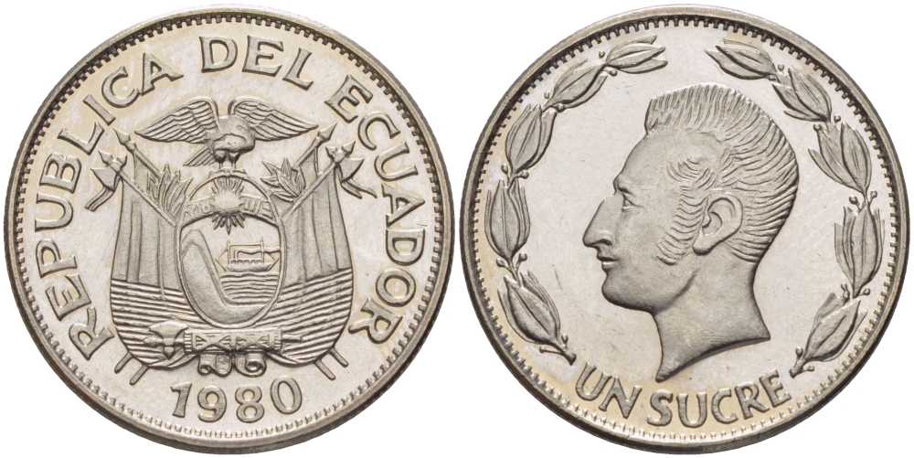 ЭКВАДОР 1 СУКРЕ 1980 АНТОНИО ХОСЕ де СУКРЕ KM 78b сталь плакированная никелем UNC 31-357