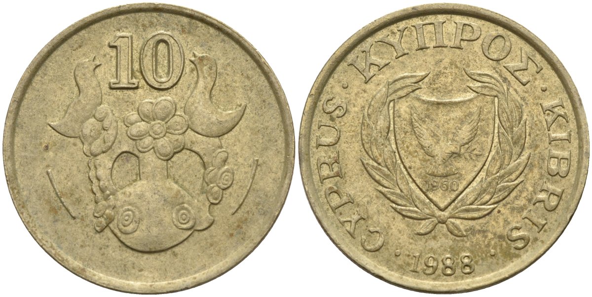 Кипр 10 центов 1988 KM 56.2 никель латунь 4141-1145
