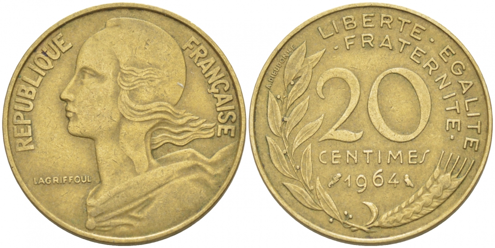 ФРАНЦИЯ 20 САНТИМОВ 1964 ТИП MARIANNE KM 930, LE FRANC 156.4 алюминиевая бронза 4402-1211