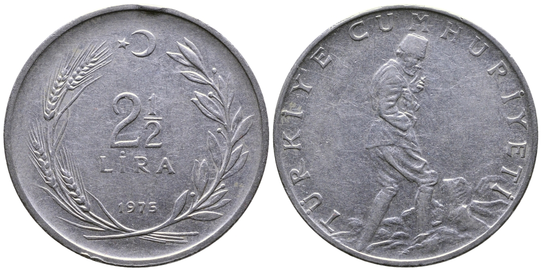 ТУРЦИЯ 2 1/2 ЛИРЫ 1975 KM 893.2 сталь 29-1015