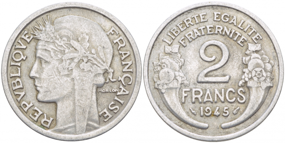 ФРАНЦИЯ 2 ФРАНКА 1945 KM 886а.1 алюминий 4402-944