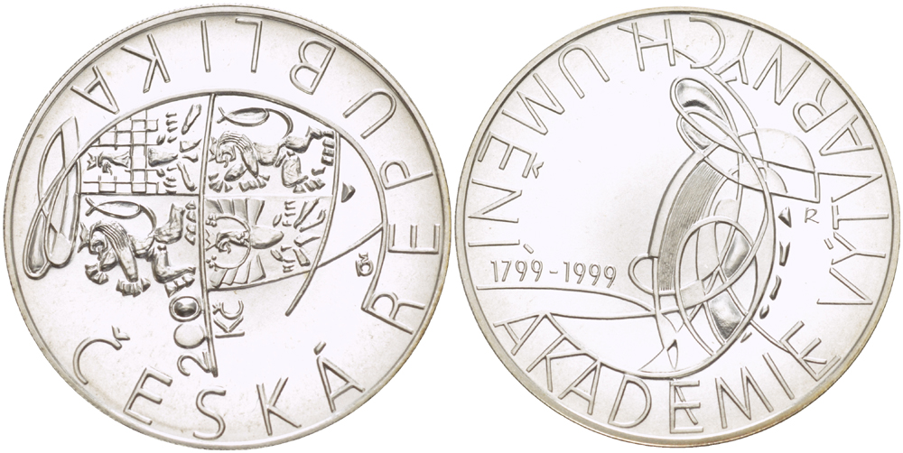 ЧЕХИЯ 200 КРОН 1999 200 ЛЕТ ПРАЖСКОЙ АКАДЕМИИ ИЗОБРАЗИТЕЛЬНЫХ ИССКУСТВ (1799-1999), ДИАМЕТР 31 ММ., ВЕС 13 ГР., ПРОБА 900, ТИРАЖ 14137 ЭКЗ. KM 35 серебро UNC 1084-10-31