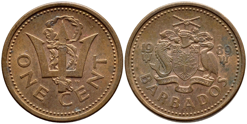 Барбадос 1 цент 1989 сломанный трезубец Британии KM 10 бронза 4396-1267