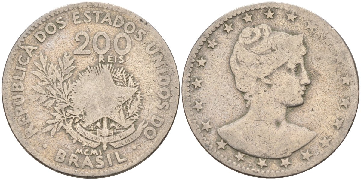 Бразилия 200 рейс 1901 голова свободы вправо KM 504 медно-никель 4589-1127