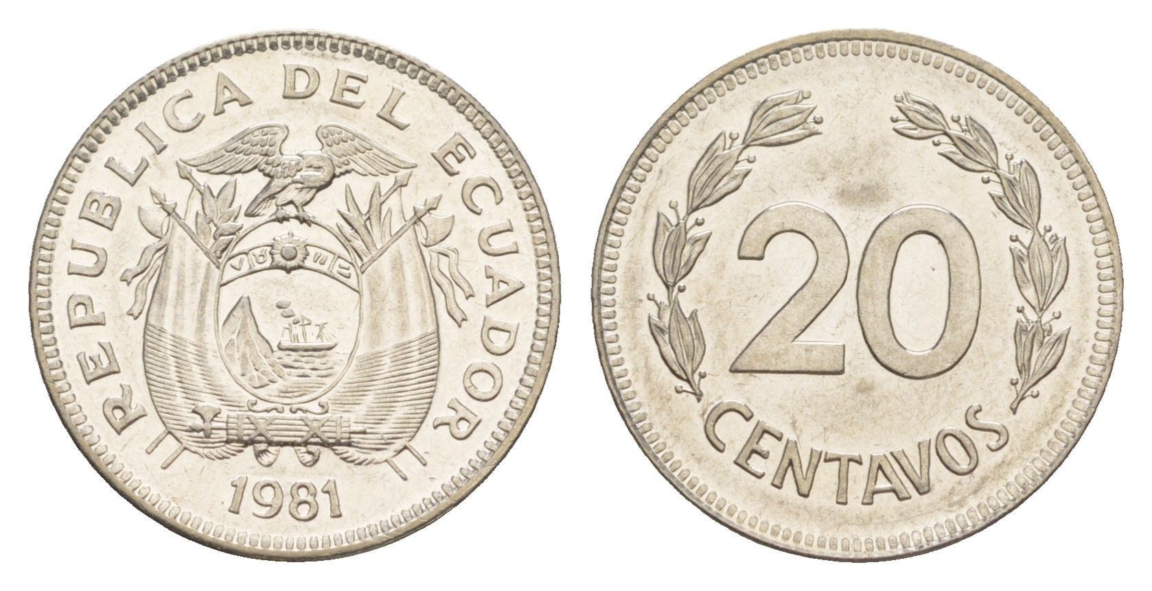 Эквадор 20 сентаво 1981 KM 77.2a сталь плакированная никелем UNC 4640-1241