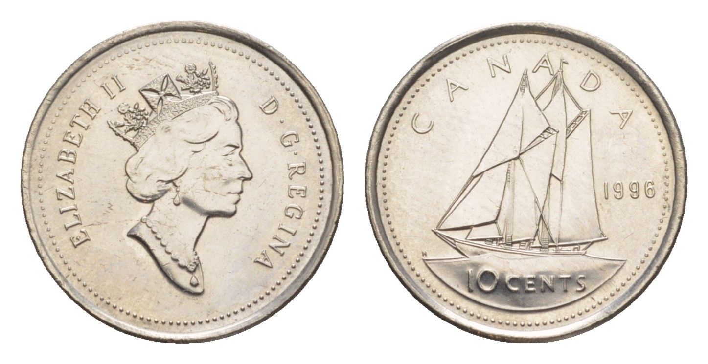 Канада 10 центов 1996 Елизавета II (1952-2022), парусник KM 183 никель UNC 4636-638