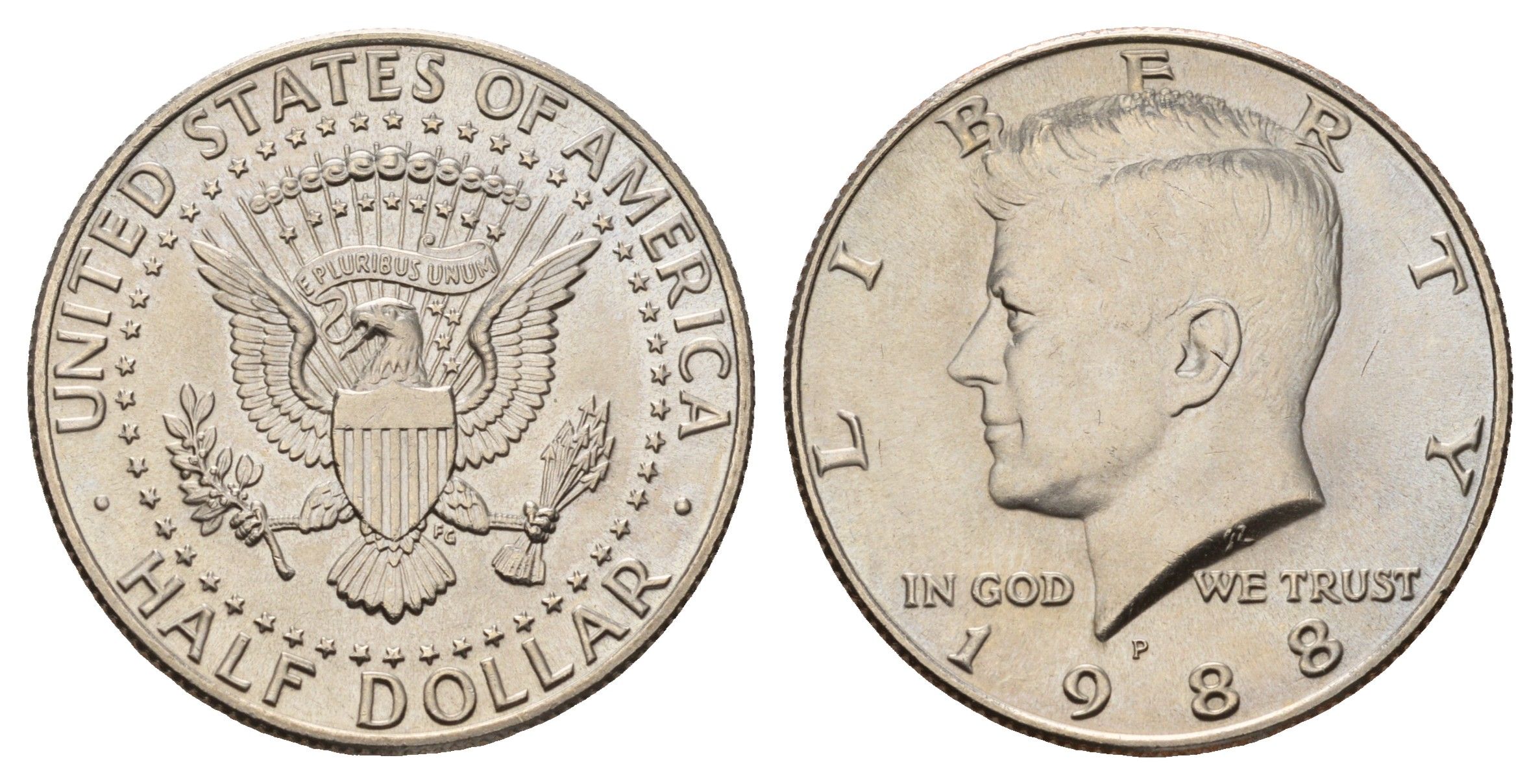 США 1/2 доллара (50 центов) 1988 P, Джон Кеннеди KM A202b медь плакированная медно-никелем UNC 00-00