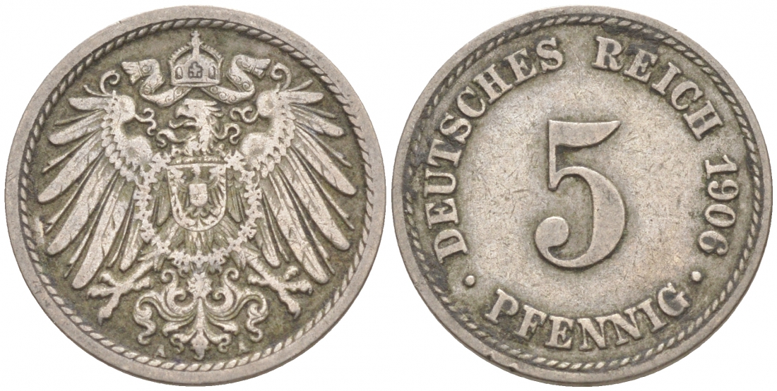 ГЕРМАНИЯ 5 ПФЕННИГОВ 1906 A, KM 11, J. 12 медно-никель 73-1766