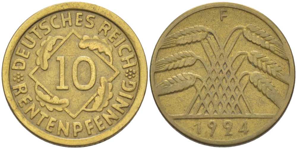 ГЕРМАНИЯ 10 РЕНTЕНПФЕННИГОВ 1924 F KM 33, J. 309, Weege 8 алюминиевая бронза 210-333