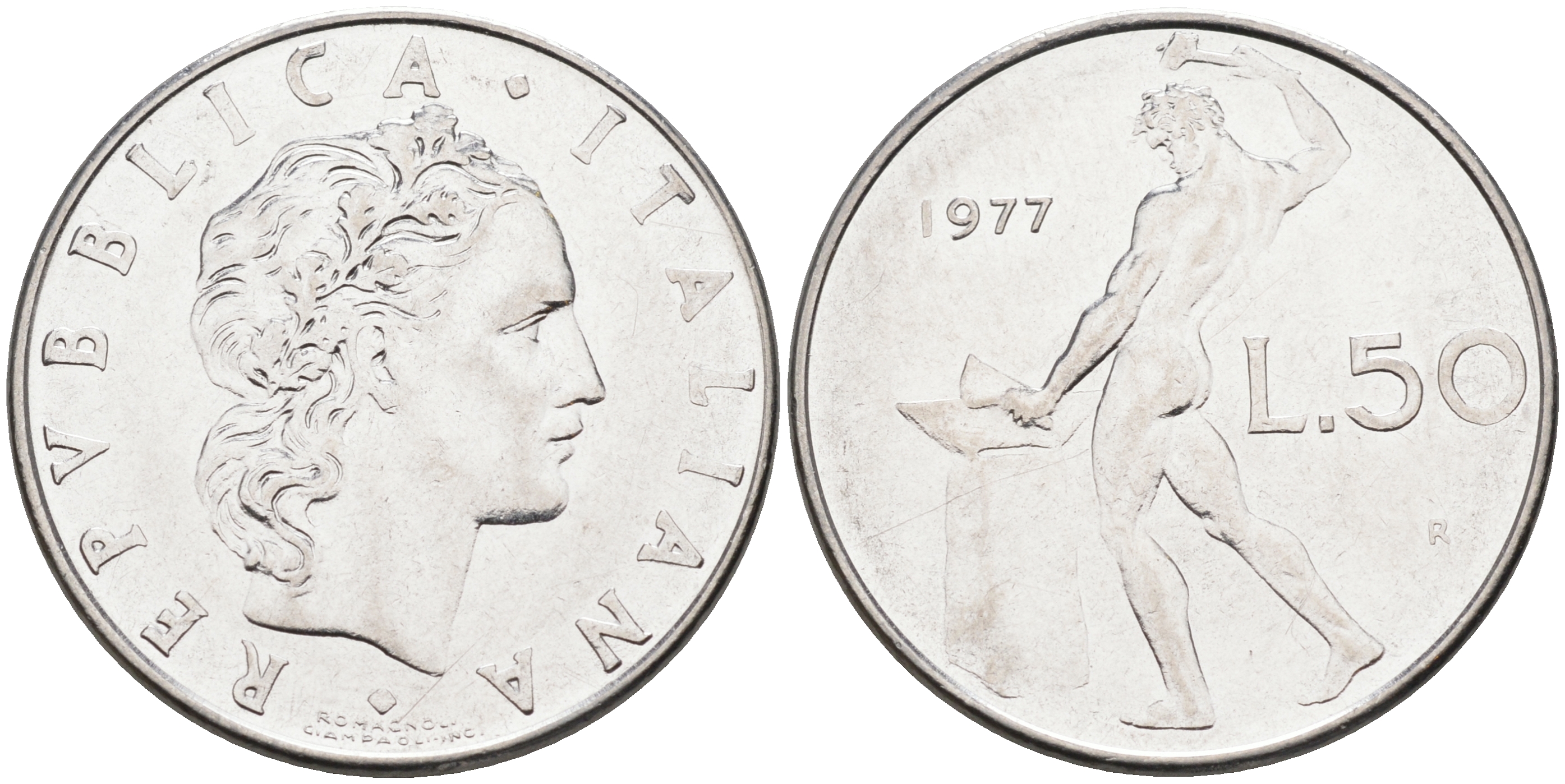 Италия 50 лир 1977 R, бог огня Вулкан у наковальни KM 95.1 нержавеющая сталь 4116-351