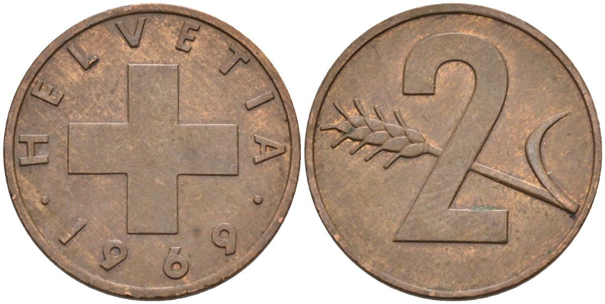 Швейцария 2 раппена 1969 KM 47 бронза 4592-622