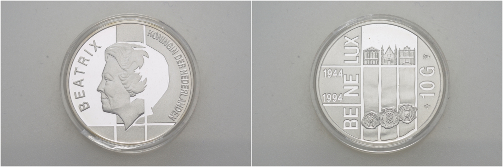 Нидерланды 10 гульденов 1994 50 лет Бе-Ни-Люкс, три здания парламентов KM 216 серебро PROOF 1099-2-32