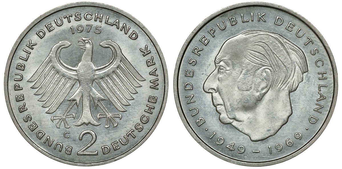 ФРГ 2 МАРКИ 1975 G, ТЕОДОР ХОЙС KM 127, J. 407 медно-никель плакированный никелем плакированный никелем UNC 72-553