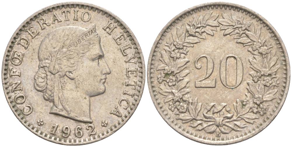 Швейцария 20 раппенов 1962 В KM 29a медно-никель 55-824
