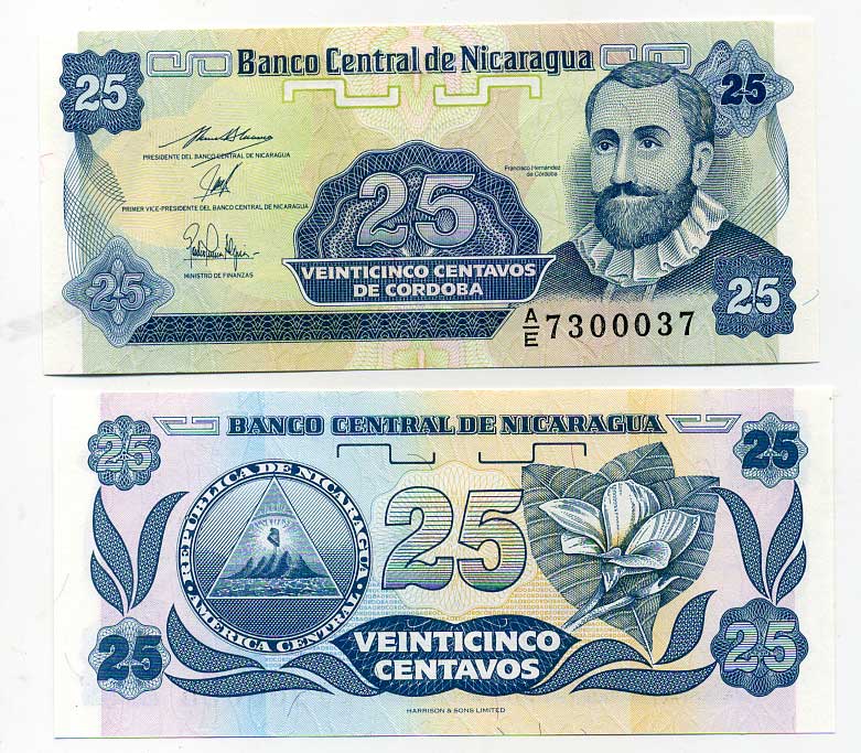 Никарагуа 25 сентаво 1991 Франсиско Эрнандес де Кордоба, № 7300037, радар Pick 170a бумага UNC (пресс) 8614-36-4-2