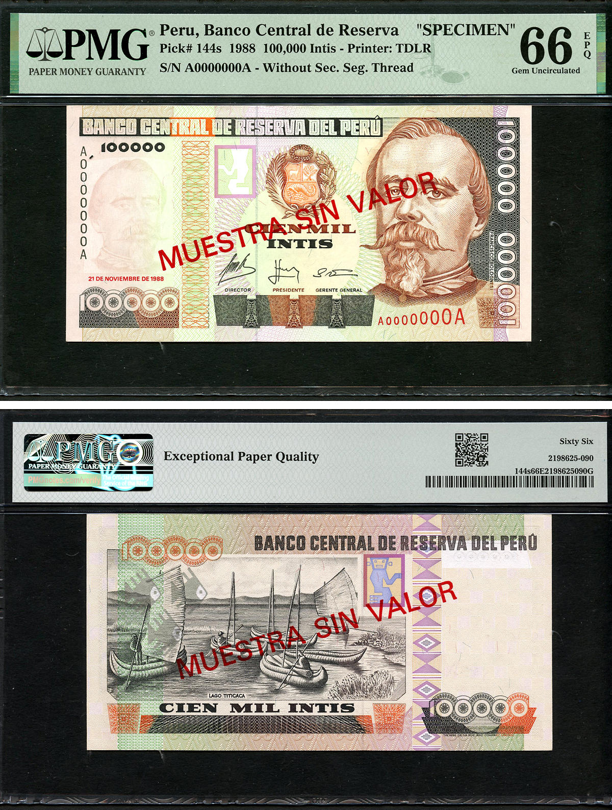 Перу 100000 инти 1988 Франсиско Болоньези, озеро Титикака, в слабе PMG 66 Gem Uncirculated Pick 144 s  бумага  UNC (пресс) 452-1-182