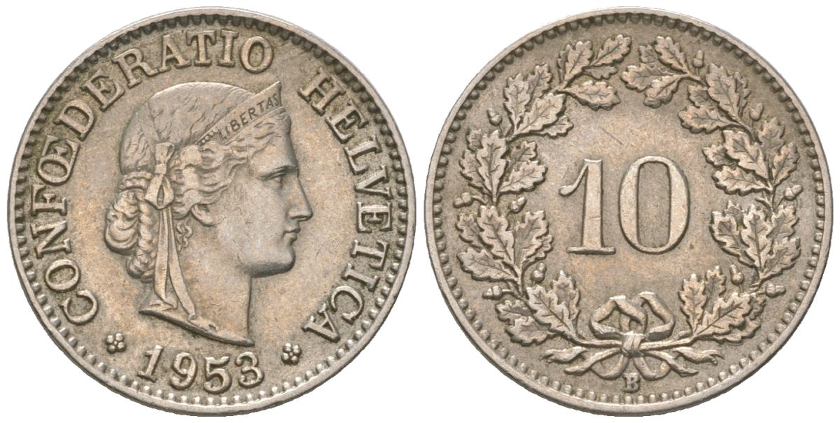 Швейцария 10 раппенов 1953 B KM 27 медно-никель 220-451