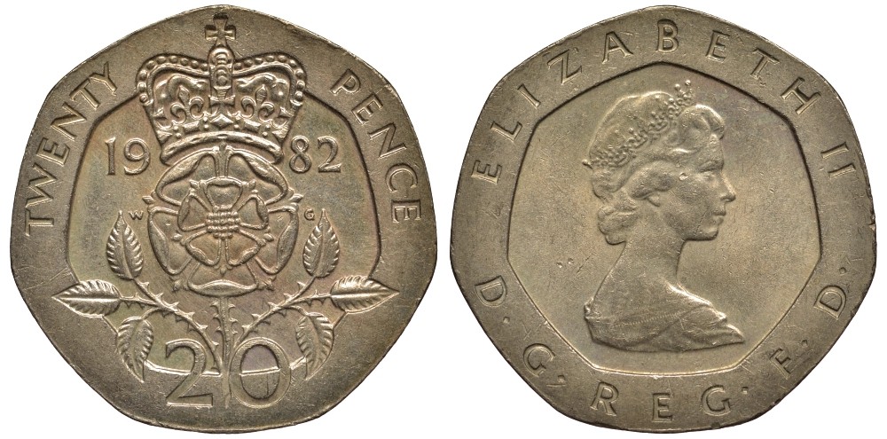 Великобритания 20 пенсов 1982 Елизавета II (1952-2022) KM 931, Spink 4230 (G1) медно-никель 186-845