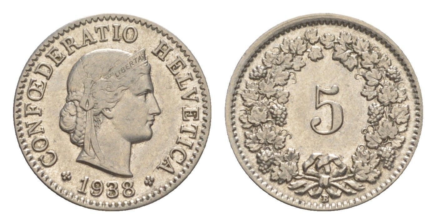 Швейцария 5 раппенов 1938 B KM 26 медно-никель 4627-137