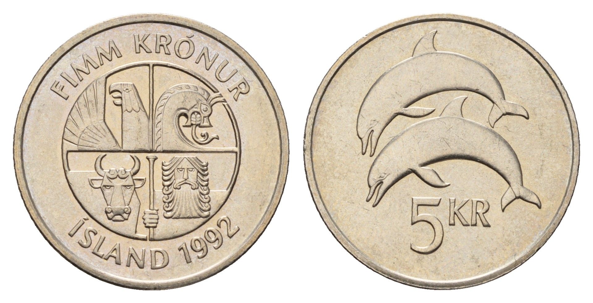 Исландия 5 крон 1992 дельфины KM 28 медно-никель UNC 4118-1021