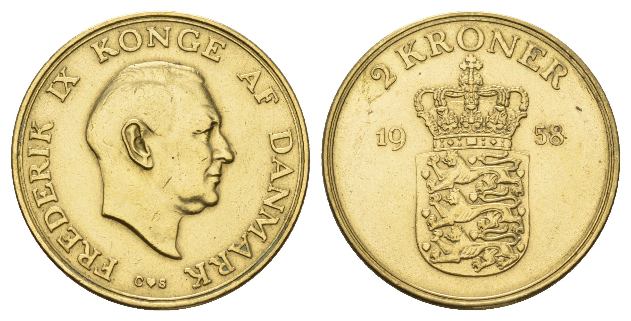 Дания 2 кроны 1958 С, Фредерик IX (1947-1972) KM 838 алюминиевая бронза 69-336