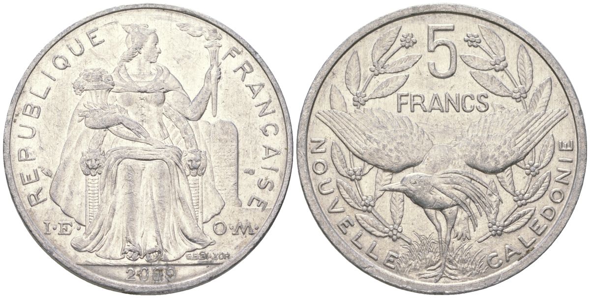 Французская Новая Каледония 5 франков 2009 птица кагу, (IEOM) KM 16, Schoen 12, Lec 81k алюминий 4111-214