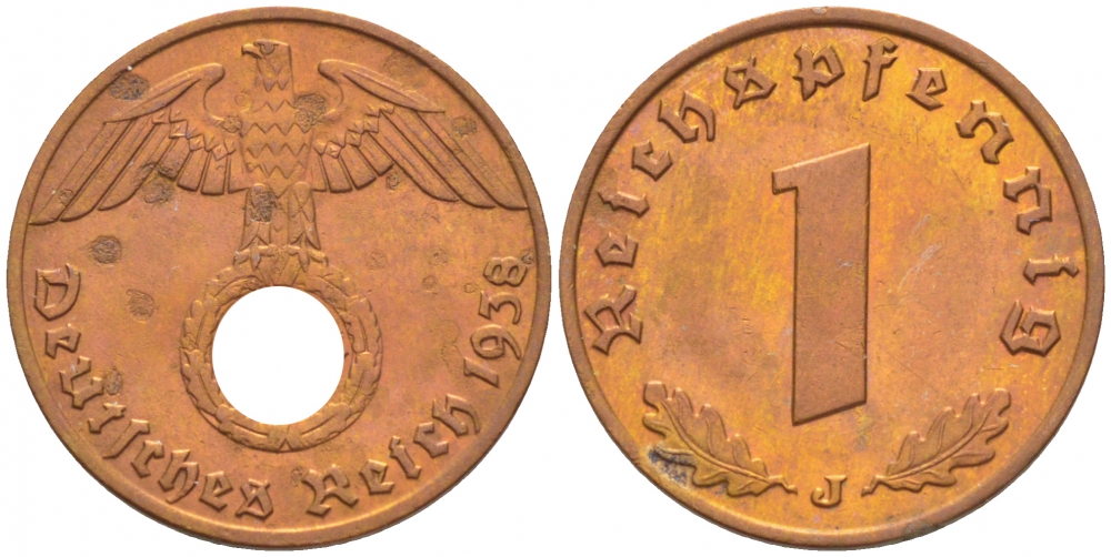 ГЕРМАНИЯ 1 РЕЙХСПФЕННИГ 1938 J KM 89 J 361 бронза 3718-167
