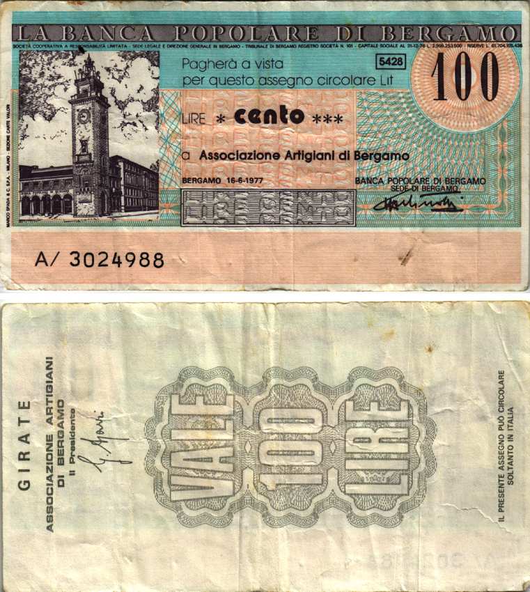 Италия 100 лир 1977 16 июня 1977 La Banca popoLare Di bergamo бумага 7221-24-2-1