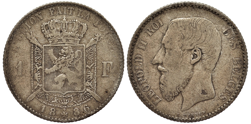 БЕЛЬГИЯ 1 ФРАНК 1886 ЛЕОПОЛЬД II (1865-1909), BELGES, РАЗНОВИДНОСТЬ БЕЗ ТОЧКИ В ПОДПИСИ KM 28.2 серебро 443-523