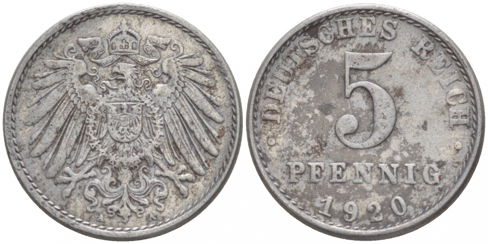 ГЕРМАНИЯ 5 ПФЕННИГОВ 1920 А KM 19, J. 297 железо 3718-263