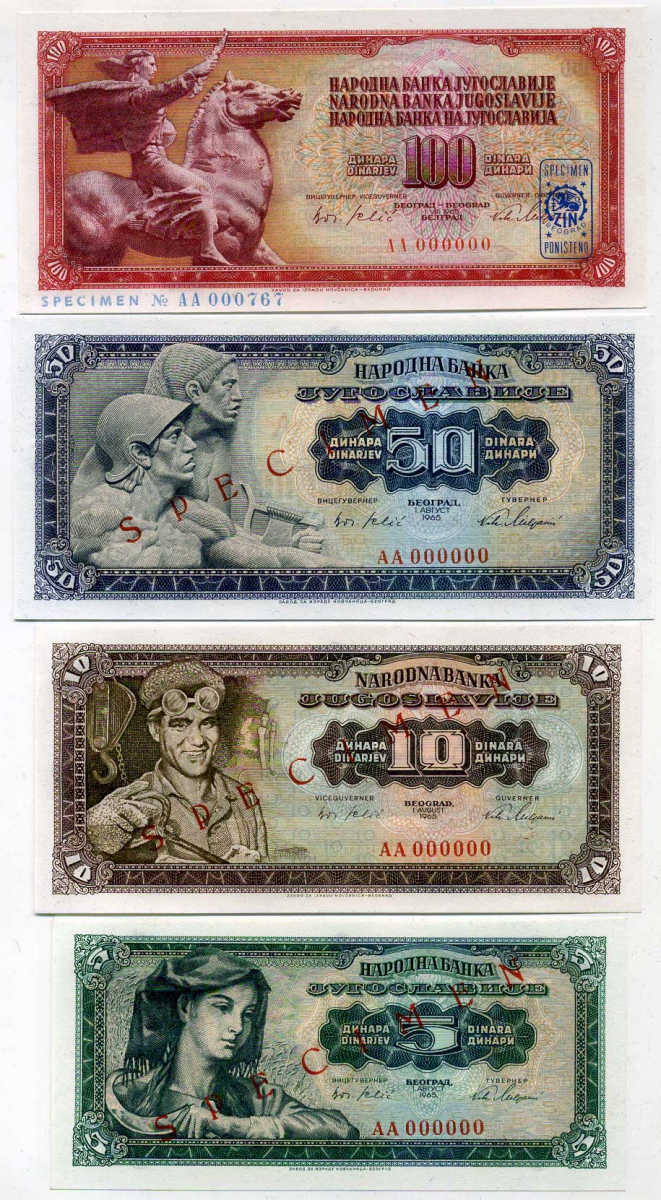 Югославия набор из 4 банкнот 1965 5, 10, 50 и 100 динаров, Specimen, Образец, красная диагональная надпечатка Pick 77s, 78s, 79s, 80s бумага UNC (пресс) 000-00-00