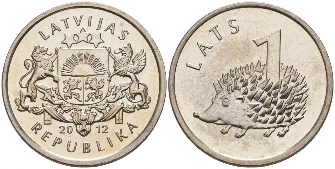 Латвия 1 лат 2012 ежик KM 135 медно-никель UNC M16-09