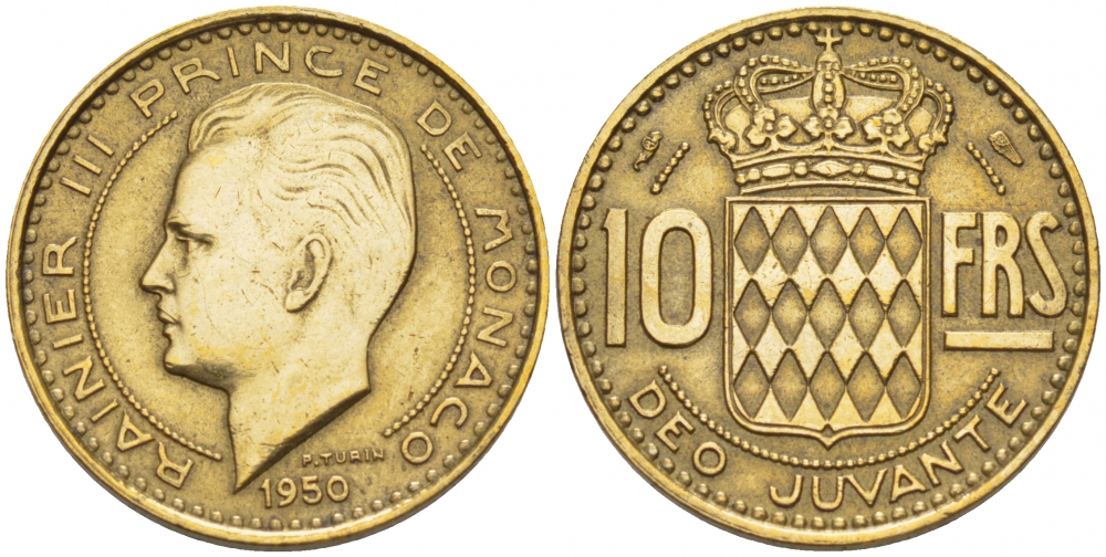 Монако 10 франков 1950 Ренье III (1949-2005) KM 130 алюминиевая бронза 4402-733