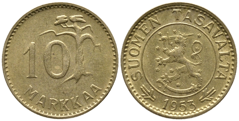 ФИНЛЯНДИЯ 10 МАРОК 1953 KM 38 алюминиевая бронза 34-1054