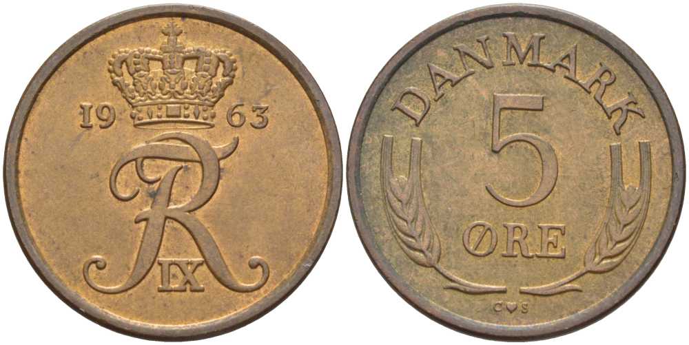 ДАНИЯ 5 ЭРЕ 1963 C; S, ФРЕДЕРИК IX (1947-1972) KM 848.1 бронза 67-725