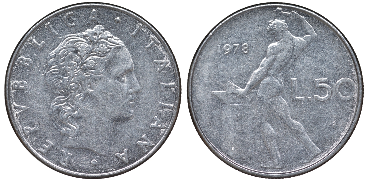 Италия 50 лир 1978 R, бог Вулкан у наковальни KM 95.1 нержавеющая сталь 4142-1147