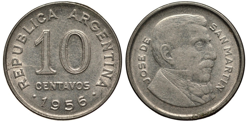 Аргентина 10 сентаво 1956 генерал Хосе де Сан Мартин KM 51 сталь плакированная никелем 4181-427