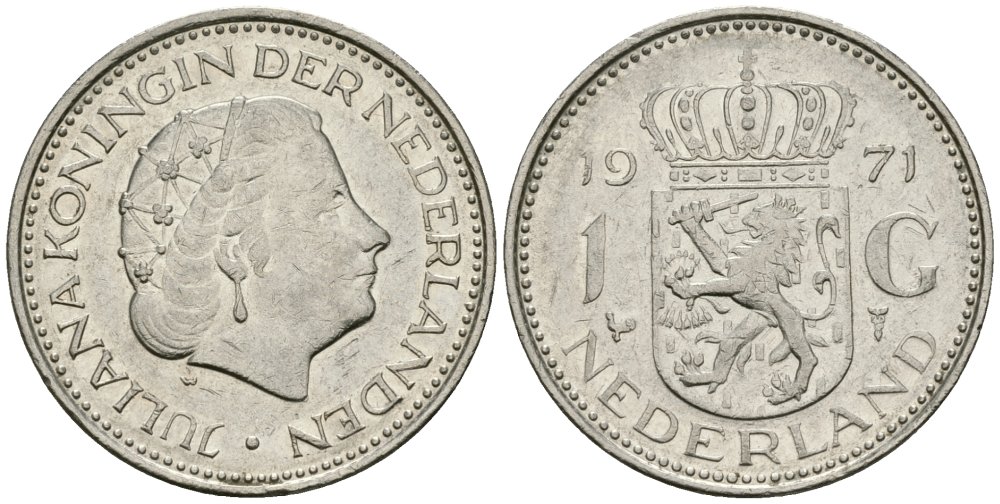 Нидерланды 1 гульден 1971 Юлиана (1948-1980) KM 184a никель 4579-536